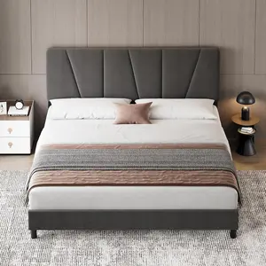 【Christmas Gift】King Bed Frame with Headboard,Linen Upholstered Platform Bed with Adjustable Diagonal Channel Tufted Headboard, Mattress Foundation with Strong Wooden Slats, Box Spring Optional, Dark Grey