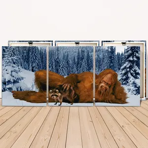 3 Counts Wooden Framed Canvas, Snow Forest Bigfoot With Raccoon Images, Exquisite Poster, Perfect Living Room Decoration, Modern Art, Fashion Family Poster, Wall Art Decoration, Waterproof Art