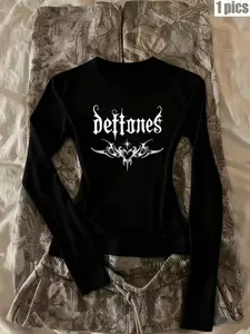 Women's summer gothic metallic print slim-fit long-sleeved top, gothic rock style, slim fit, suitable for everyday casual sportswear/concert attire.