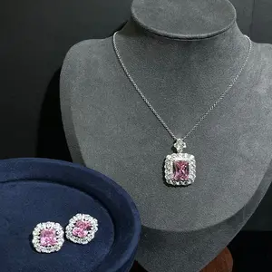 Ladies' Luxury Fashion Square Zircon Jewelry Set — Pink Gem-Style Necklace and Earrings 2-Piece Set