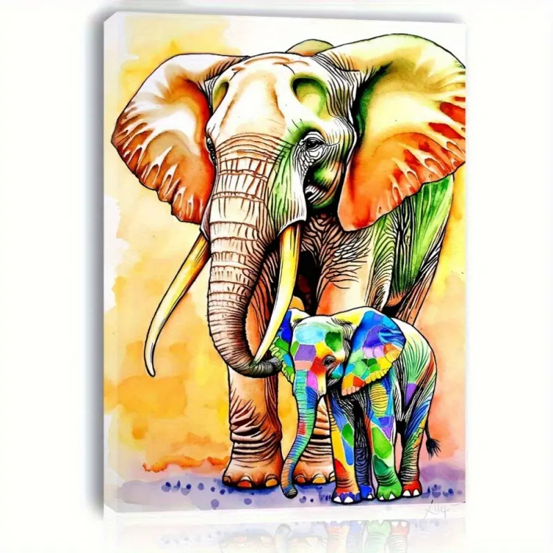 A Vivid Elephant Canvas Art Print with Wooden Frame - Colorful Watercolor Elephant, Suitable for Living Room, Bedroom, Kitchen Wall Decoration - Ideal Home Decoration Gift, Size, Elephant Decoration