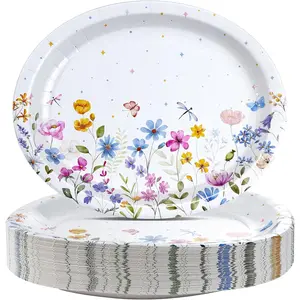 50 Pcs Wildflower Oval Paper Plates 10" x 12", Disposable Spring Easter Paper Plates Heavy Duty Floral Dinner Tableware for Wedding Bridal Baby Shower Spring Birthday Party Supplies
