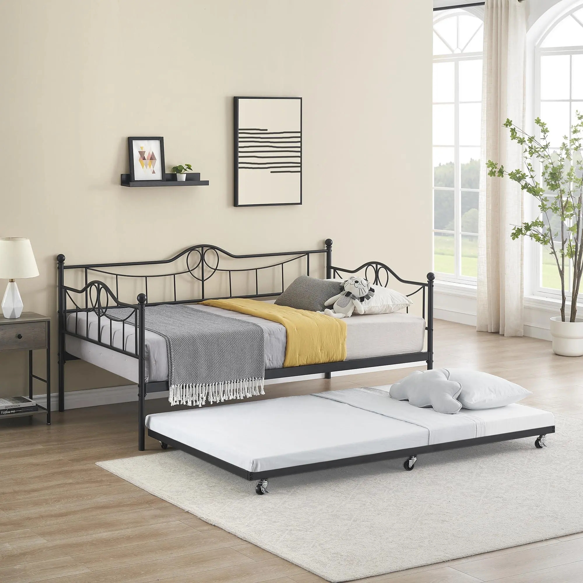 Twin Daybed with Trundle Bed, Black Day Bed with Backrest | Twin Daybed with Trundle Bed, Black Day Bed with Backrest
