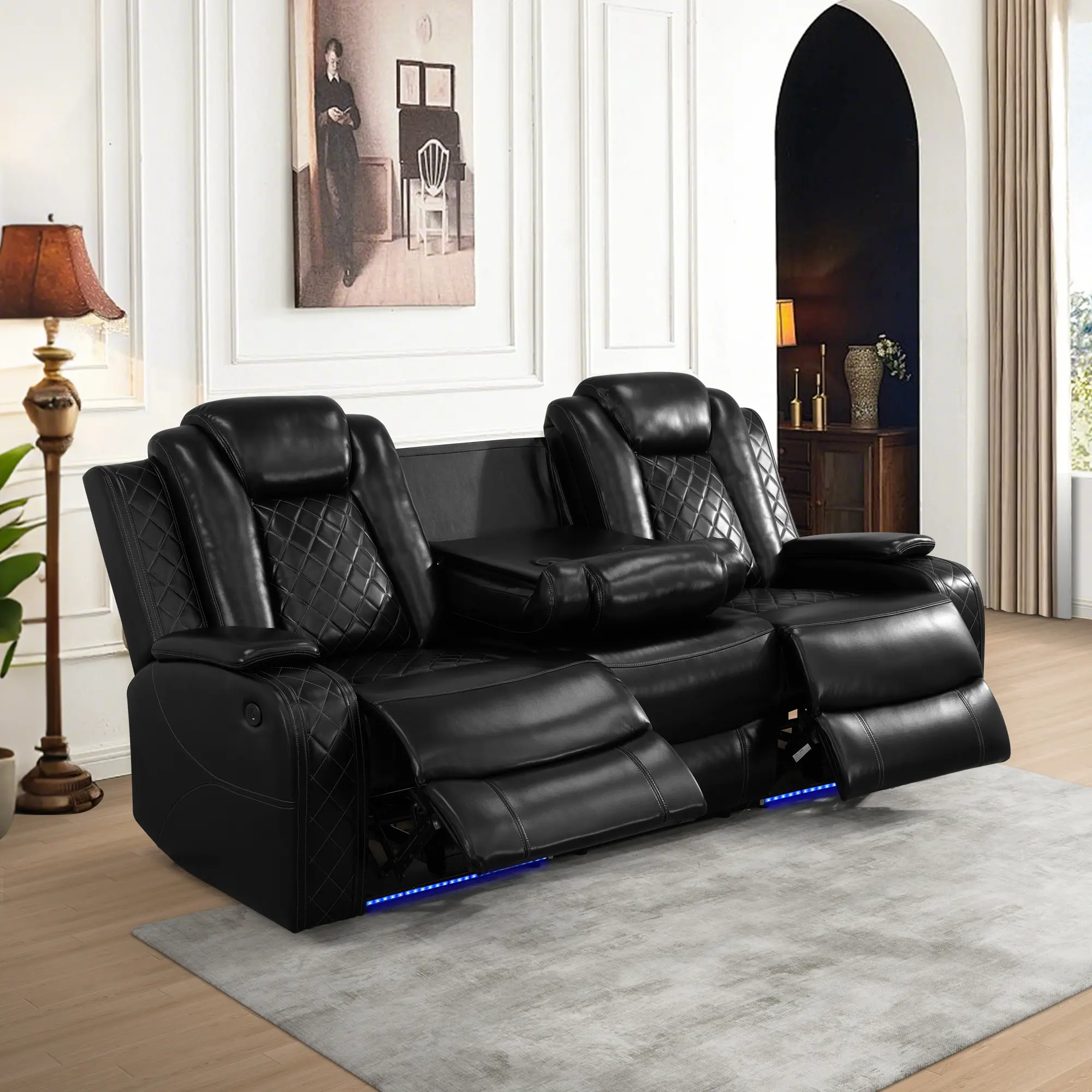 Black Leather L-Shape Sectional Recliner Sofa - Summervibes Breathable, Modern Elegant Sleek Design, LED Lighting, Diamond Stitching, Indoor Living Room Furniture for Entertainment, Watch Parties, Watch Party