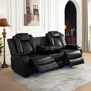 Elegant Black Breathing Leather Sectional Recliner Sofa with LED Lighting & Diamond Stitching for Living Room Comfort Sleek Design & Versatile Use