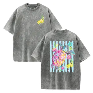 Summer Floral Turtle Shirt | Front And Back Summer Vacation TShirt | Preppy Beach Shirt | Neon Preppy Coastal Summer Tee