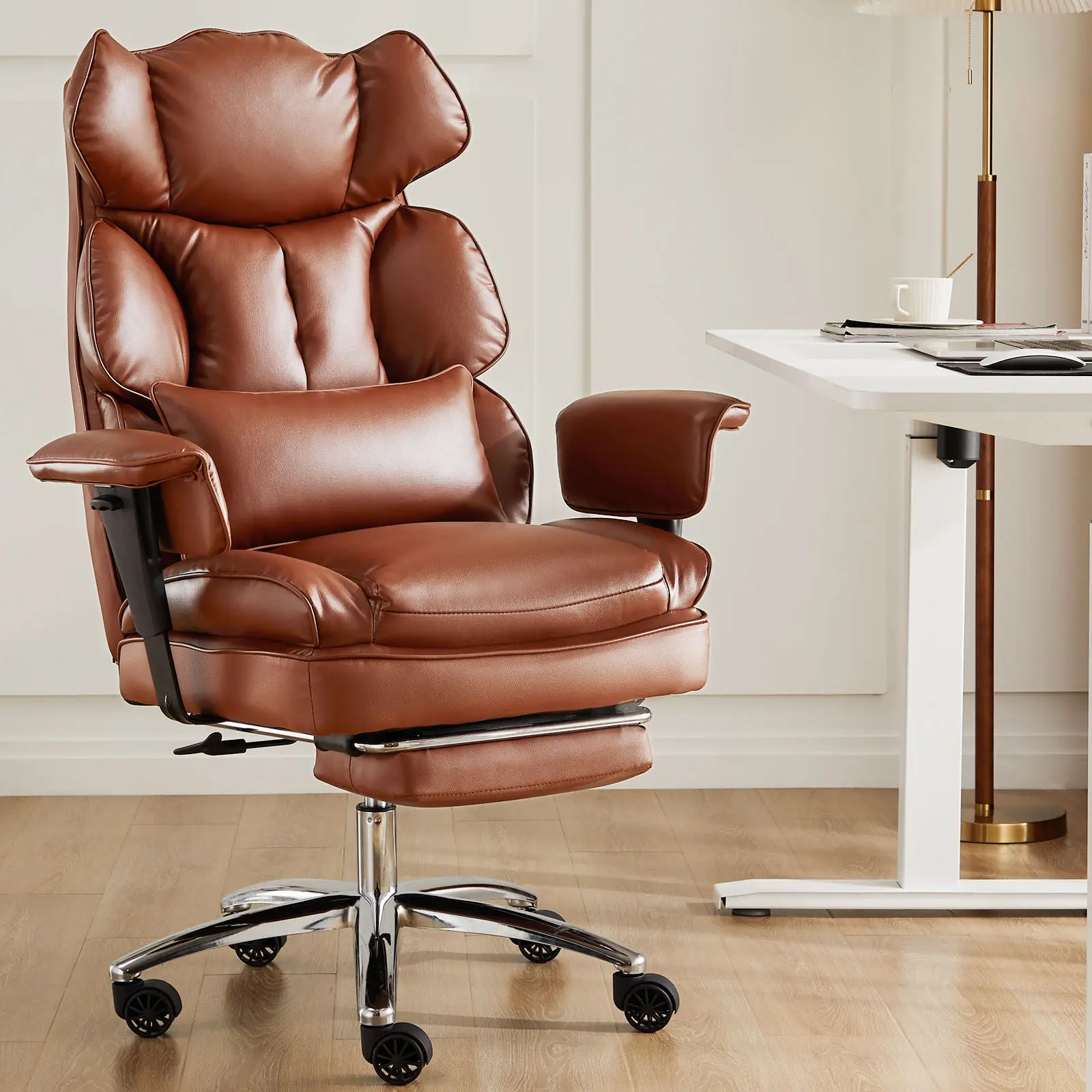 Homey Home Office Chair, High Back Reclining With Footrest, Adjustable Height PU Leather with Leg Rest, with Lumbar Support and Thick Padding