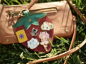 Leather Strawberry Pin Holder Keychain - Enamel Pin Display Bag Charm - Hand Dyed Leather Ita Bag Alternative for Pins
