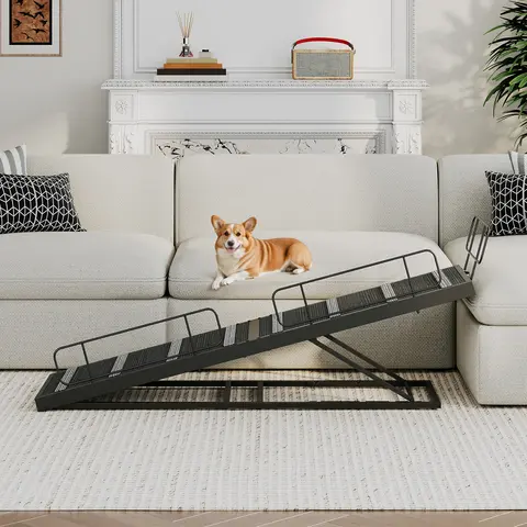 HOOBRO Metal Dog Ramp for Small/Old Dogs, 63in Long, 4-Height Adjustable Up to 33in, Anti-Slip Grip, Detachable Fall-Guard Rails, Wall-Lean Storage, Removable Top Rope, 150lbs Capacity, Easy Assembly, Black, for Bed & Sofa Use