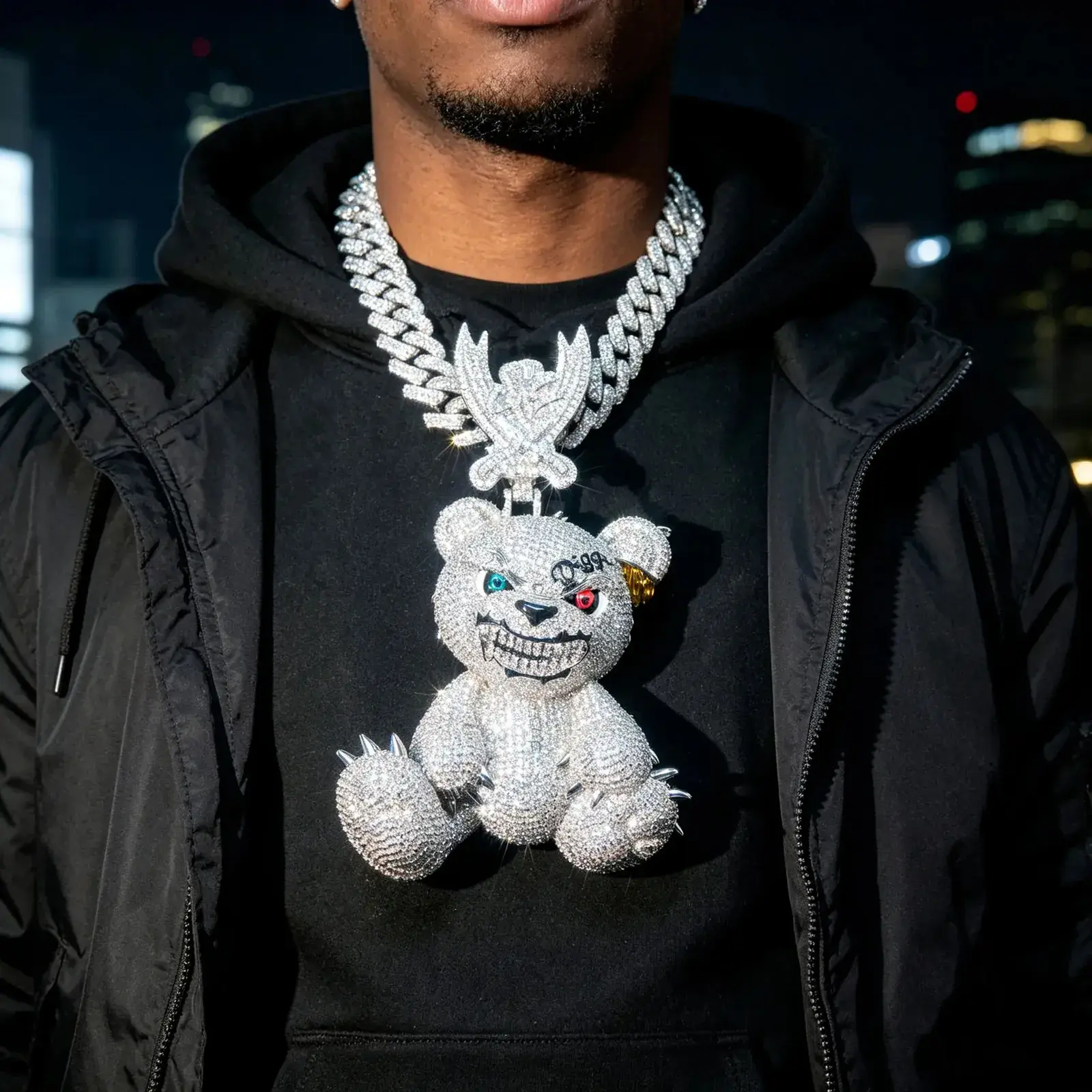Ice crystal granule inlaid with diamonds 3D cartoon bear pendant gold-plated hip-hop style round brilliant cut artificial gemstone hip-hop pendant festive celebration gift
