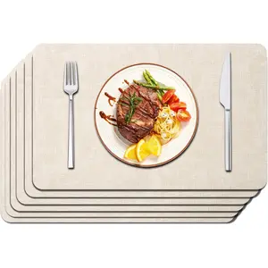 Faux Leather Placemats Set of 6 - Waterproof, Wipe Clean, Heat Resistant, Anti Slip Dining Table Place Mats, Suitable for Indoor & Outdoor Use, 17’’*12’’, Beige