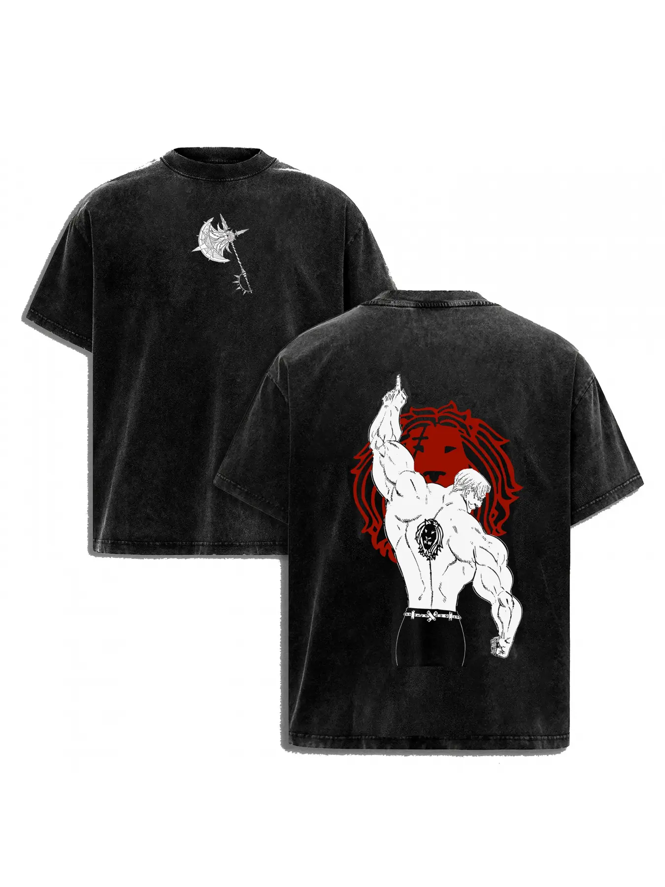 Retro Washed Escanor Inspired Axe Strongman Graphic Print Tshirt, 90s Style Anime Streetwear Tee, Casual Menswear, Graphic Washed Oversized Tees, Cool Shirts, for Men & Women, Summer Round Neck Short Sleeve, Sports Top Shirt, Workout T-shirt, Crewneck