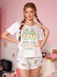 Avocado Print Two Piece Pajama Set Women Short Sleeve Top & Shorts Cute Loungewear Comfortable Sleepwear for Home & Nightwear