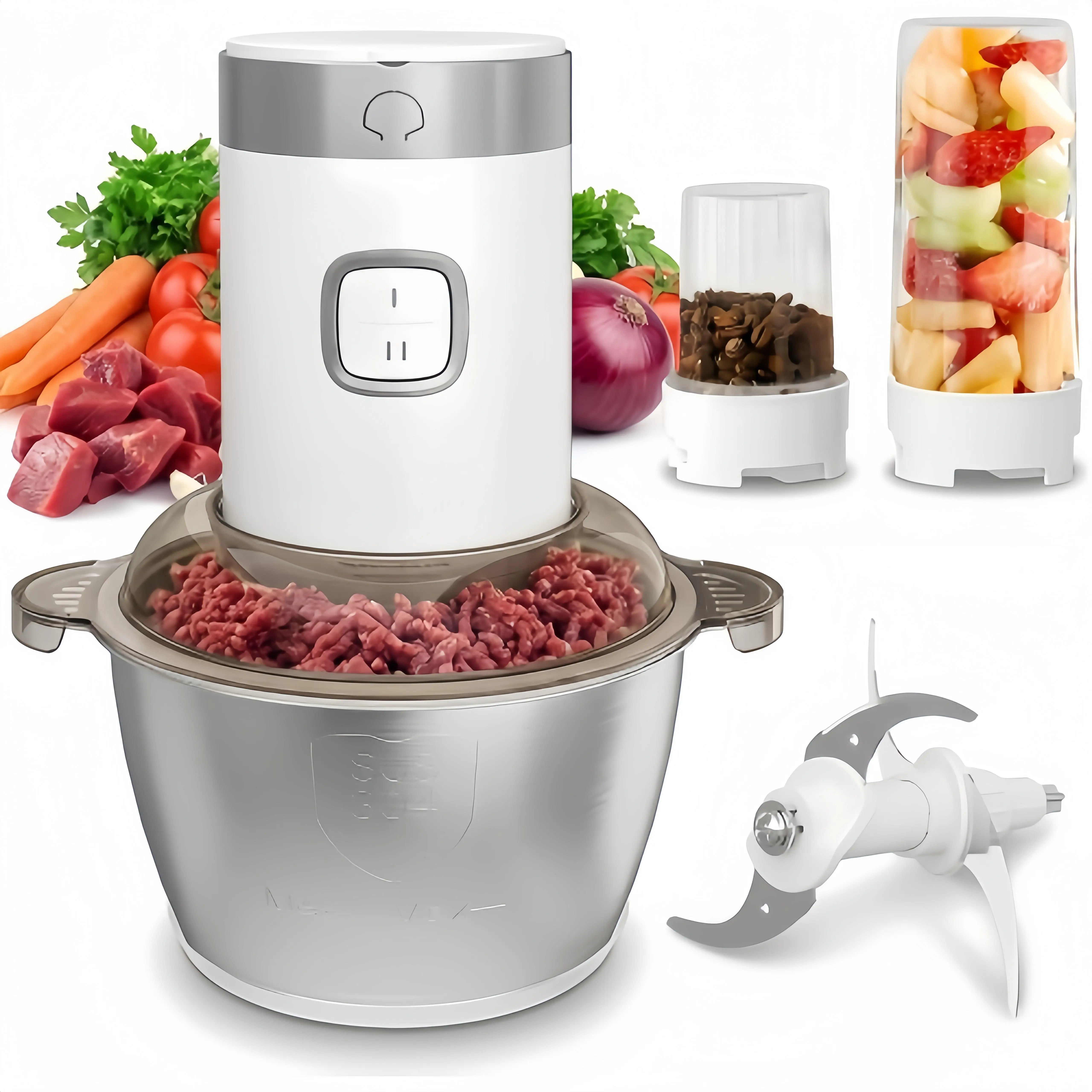 350W 4-in-1 Multi Functional Food Processor, Electric Meat Grinder Vegetable Chopper, 1.8L Stainless Steel Bowl, Juicer Coffee Grinder Garlic Peeler, 2 Speed, 150&350ml Cups