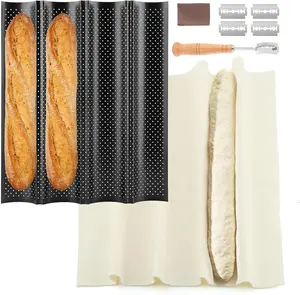 5 Pcs Baguette Bread Pan Set, Nonstick 4 Loaf Perforated French Bread Baking Pan Kit with Proofing Cloth Dough Cutter, 15x12 Inch Black Baguette Tray for Home Bakers