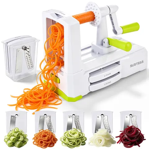 SUSTEAS Manual Mandoline Vegetable Slicer - Kitchen Gadgets with 5 Replaceable Detachable Blades, Sturdy Strong Suction Base, Smooth Hand Crank, 2/3/5/5.5mm Shreds/Wide Strips, Lightweight Durable, Safe Quick Even Cutting for Daily Fruits, Veggies, Five
