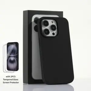 Large Hole Skin-Feel Liquid Silicone-like Phone Case with 2PCS Tempered Glass Screen Protector for iPhone 12 13 14 15 16 17 Pro Max 11, Skin-friendly Premium Handfeel,Shockproof Protective Cover, Shockproof Phone Protective Case for iPhone 17 promax