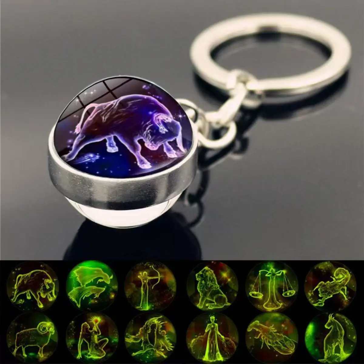 Personalized Zodiac Keychain Double Sided Glass Ball with Time Gem Metal Pendant Unique Constellation Gift Idea