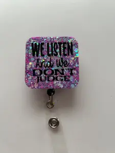 We Listen Don’t Judge Retractable Name Badge Reel ID Card Holder hospital worker coquette bow funny great gift cute Christmas