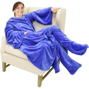 Wearable Fleece Blanket with Sleeves and Foot Pockets for Adult Women Men, Micro Plush Comfy Wrap Sleeved Throw Blanket Robe Large, BlueGift