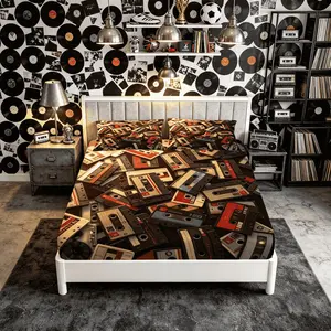 3‑Piece Vintage Cassette Tape Fitted Sheet Set, Retro 80s Music Style, Digital Print Bedding, No Inserts Included, Perfect for Bedroom, Dorm, Home Decor & Music Lovers