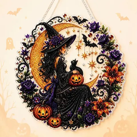 9.8in Shiny Acrylic Safe Diamond Art Kit - Witch, Black Cat, Ghost Reading, Pumpkin Designs - DIY Rhinestone Hangable Window Decoration, Indoor Outdoor Home Decor Gift for Kids