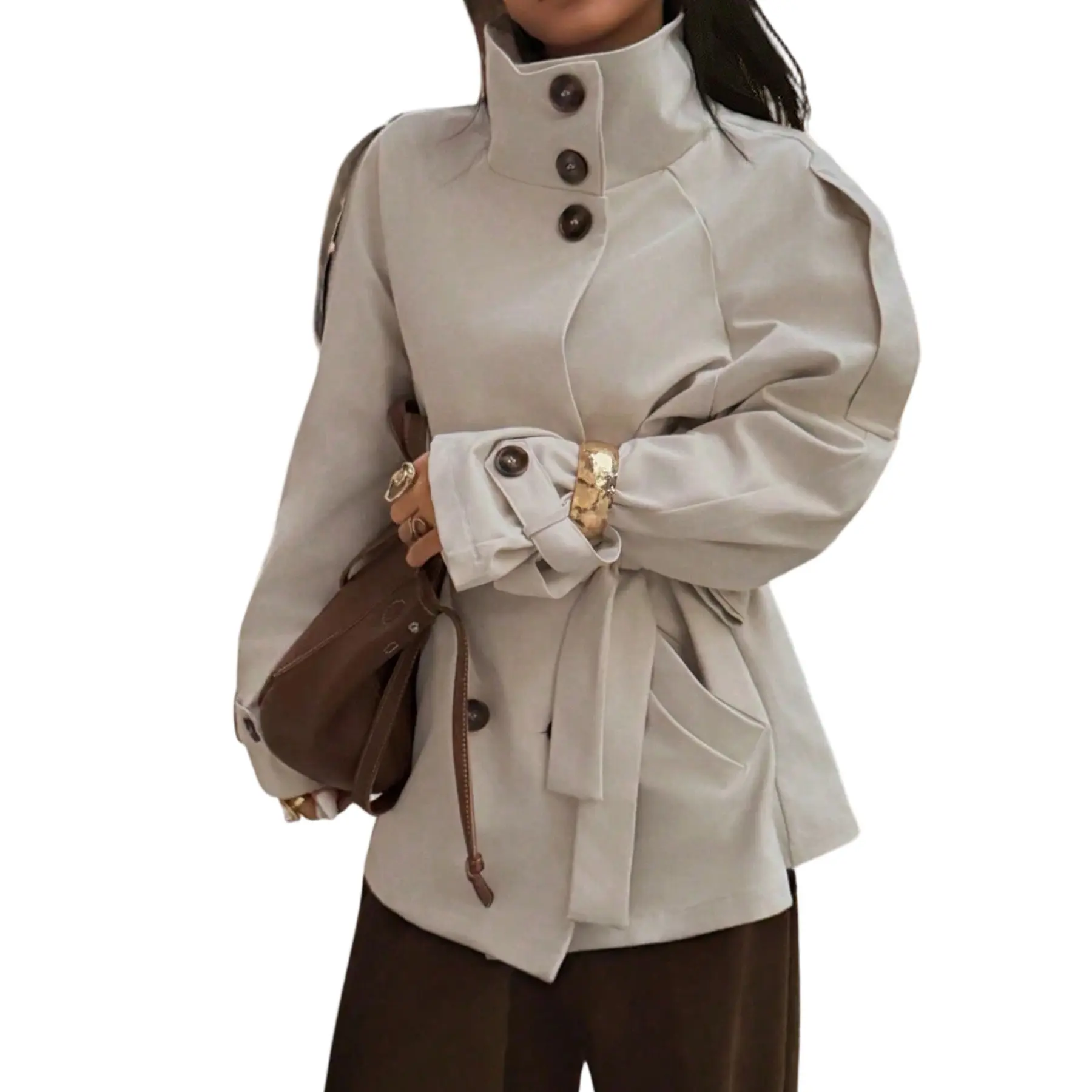 Hixiaohe Women's Outerwear, a Comfortable Long Sleeve Trench Coat with Belt, Double-Breasted High Neck Button-Down Spring Jacket, Belted Women's Trench & Rain Jacket, Tops