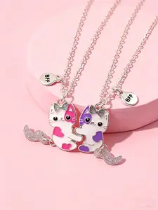 2 Pcs Cute Girly BFF Disc Cat Kitty Magnetic Necklace Set Friendship Necklaces For Best Friends Sisters Children Jewelry Gifts