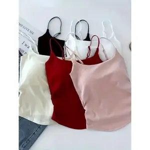 Women’s set of 5 versatile camisoles with unique designs, pleated styles suitable as base layers or supports, complete fixed cups included. Tops made from casual fabric (spandex), basic minimalist short-sleeved spaghetti-strap camisoles.