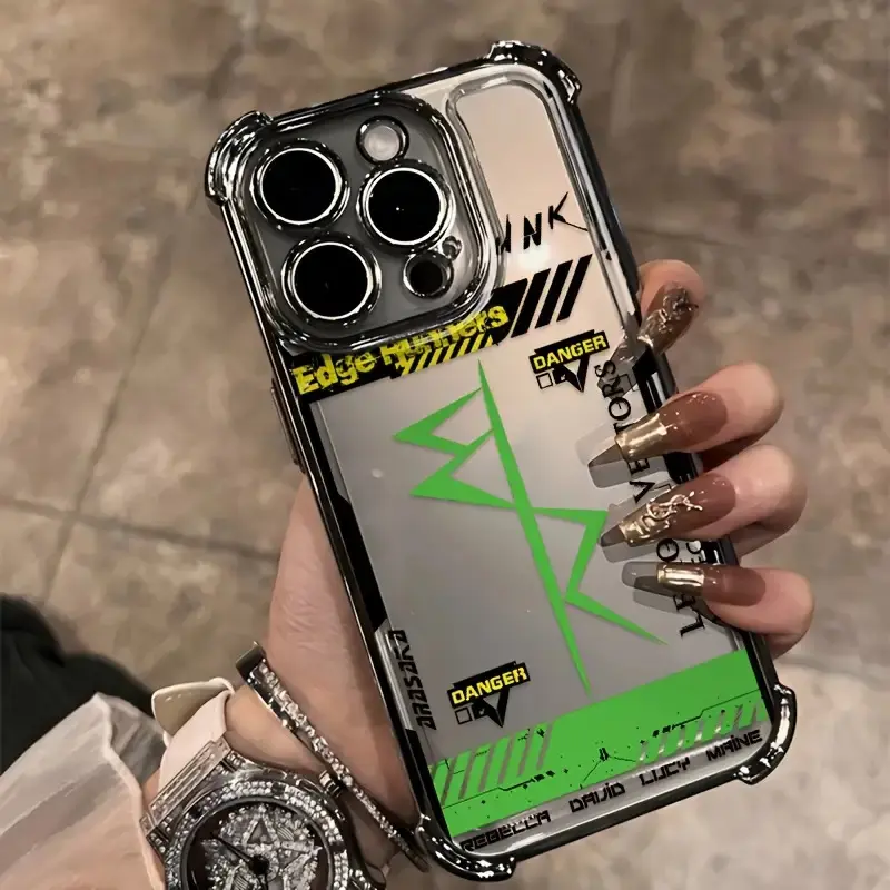 Cyberpunk Style Frame Pattern Phone Case Accessories, Electroplated Shockproof Transparent Soft Back Cover for iPhone 16,15,14,13,12,11 Pro Max,X,XR,XS Max,8,7 Plus, Series