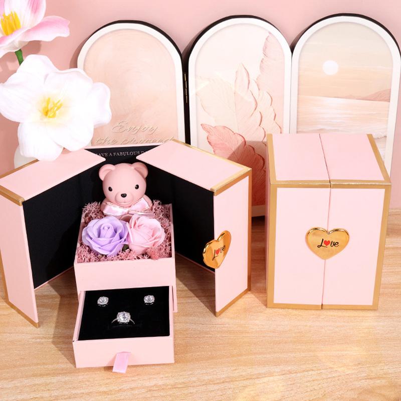 Valentine’s Day / Mother’s Day / Birthday Gift Box – Preserved Real Rose Eternal Flower Jewelry Storage Box with Double Open Surprise Bear and “I Love You in 100 Languages” Necklace
