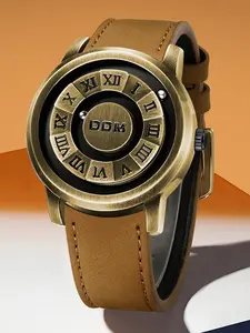 A vintage-style men's watch with a brown leather strap, featuring a unique non-reflective design, is also fun to play with. It's for daily casual wear and can be given as a holiday gift to others., Casual Round Dial, Vintage Fashion Watch