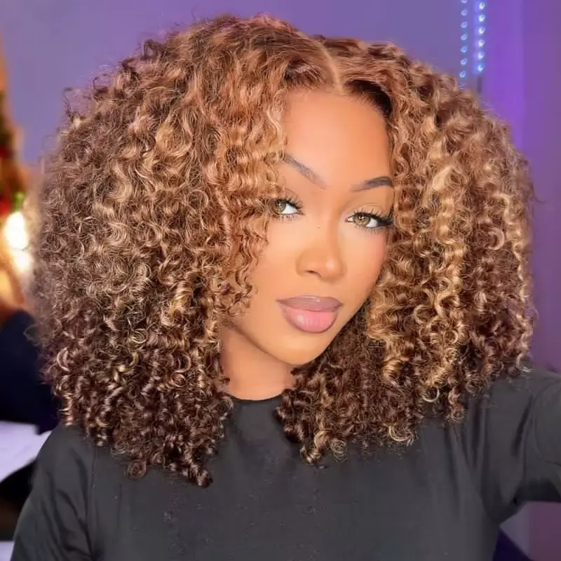 KissLove Hair 4C Edges Honey Blonde Highlights Kinky Curly Bob Wig For Black Women Glueless 7x5 Lace Closure Human Hair Pre-blached Pre-cut Lace Ready To Wear Wig Lace Frontal Wigs