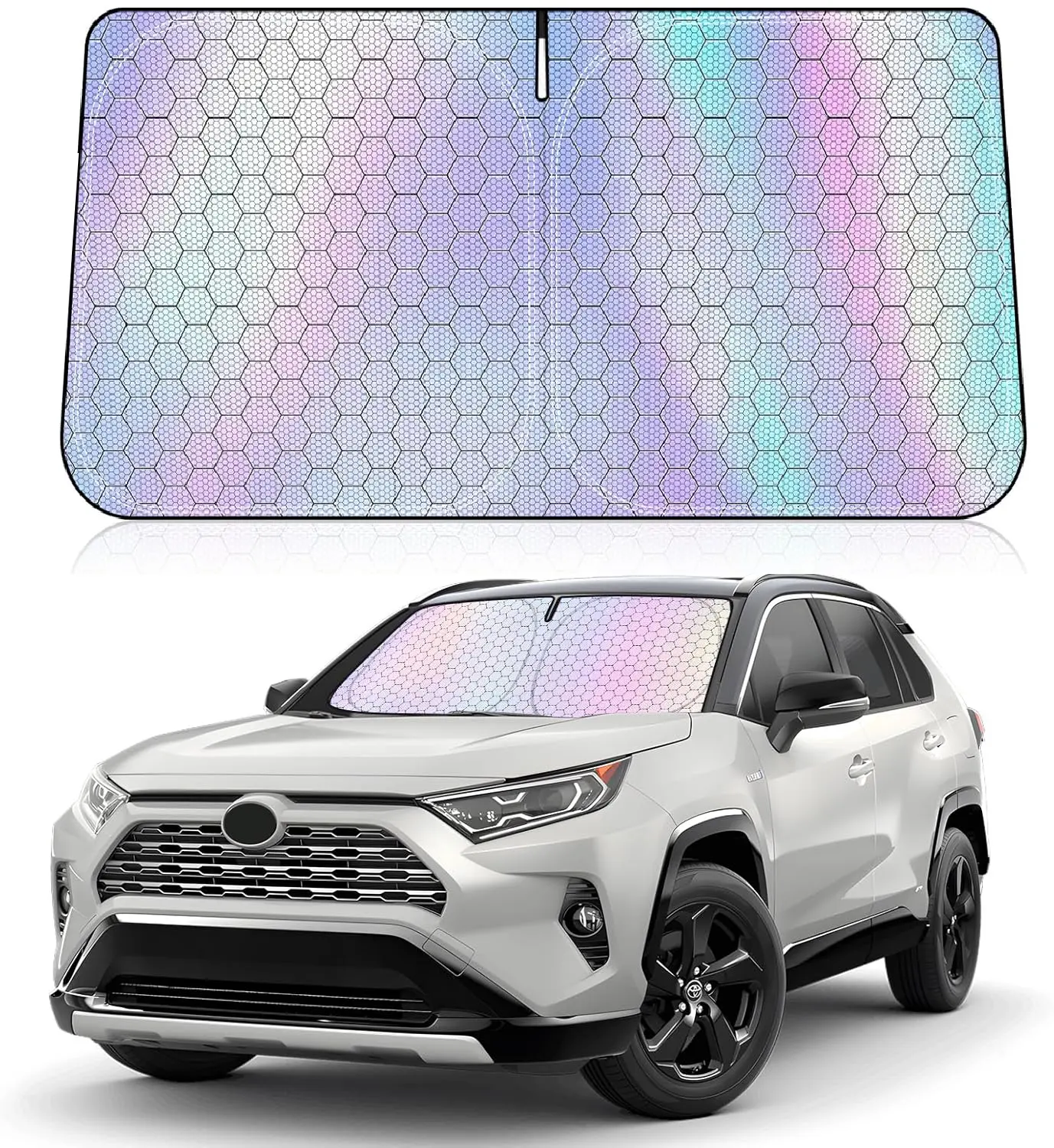 57x31.5 in Rollable Front Windshield Sun Shade, Honeycomb Fabric Nylon Car Window Cover, UV-Blocking Anti-Aging Heat-Reducing Reflective Accessory for Car Interior Protection, Rollable Sun Shade Front Window
