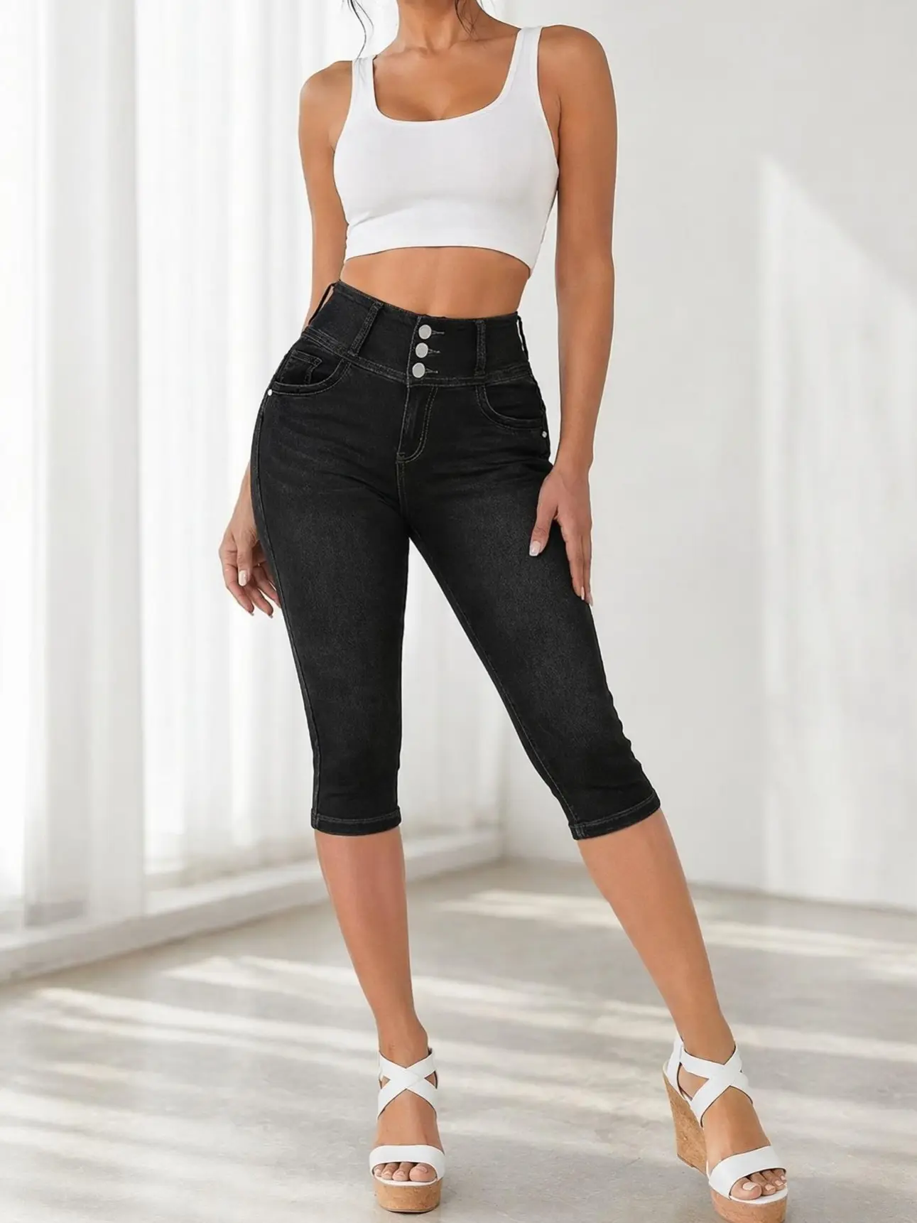 Women's High-Waisted Stretch Black Denim Capri Pants - Button Waist, Slim Fit, Smooth Fabric Bottoms with Pocket for Casual Outfits