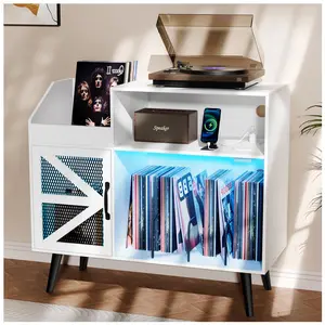 Large Record Player Stand,Record Storage Cabinet, Record Player Table with Power Outlet & LED Light,Turntable Stand with Wood Legs for Living Room,Office