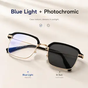 +1.00 Photochromic Reading Glasses for Men Women, Blue Light Filtering Fixed Strength Readers, Lightweight Black Gold Frame for Close-Up Reading, Phone and Computer Use