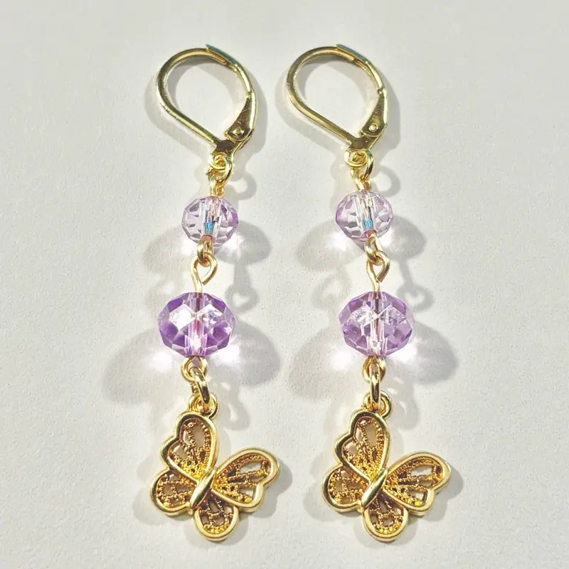 Handmade Butterfly Earrings with Glass Beads and Gold Butterfly Charms
