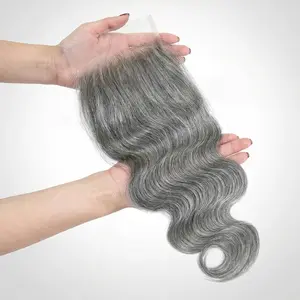 Salt and Pepper Body Wave Closure Natural Grey 10-20 inch 4x4 HD Transparent Lace Closure Human Hair 100% Unprocessed Virgin Hair Closures Pre Plucked Bleached Tiny Knots