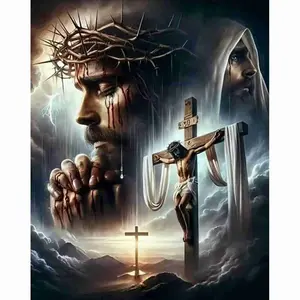 Jesus Christ With Crown of Thorns, Praying Hands, Crucifixion Cross Religious Faith Art 5D Full Drill Round & Square Diamond Painting Kit, DIY Rhinestone Cross Stitch Embroidery, Christian Belief Wall Art Decor For Church Home, Handmade Religious Gift