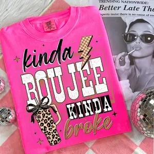 Comfort Colors Retro Coquette Choco Leopard Kinda Boujee Kinda Broke Tshirt, Coquette Bow Snarky Tee, Motivation T-shirt