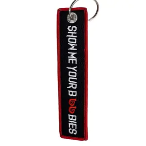 Show Me Your Boobies KeyTag Keychain - Black Fabric with Red Lettering and "SHO ME YOUR RUBBIES" Text