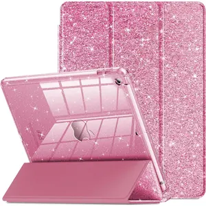 for iPad 9th Generation 2021/ iPad 8th Generation 2020/ iPad 7th Generation 2019 Case 10.2 inch, Glitter Cover with Clear Back, Pencil Holder for Kids Girls, Pink