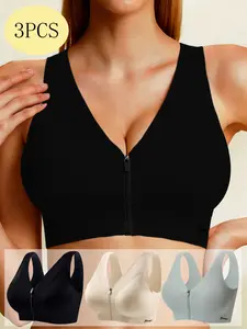 3PCS,Women's V-Neck Front Zipper Push-Up Bra, Seamless Sports Yoga Breathable Underwear, Support Lift Effect, Anti-Sagging, Seamless Sports Bras, Workout Bras, Gym Sports Bra