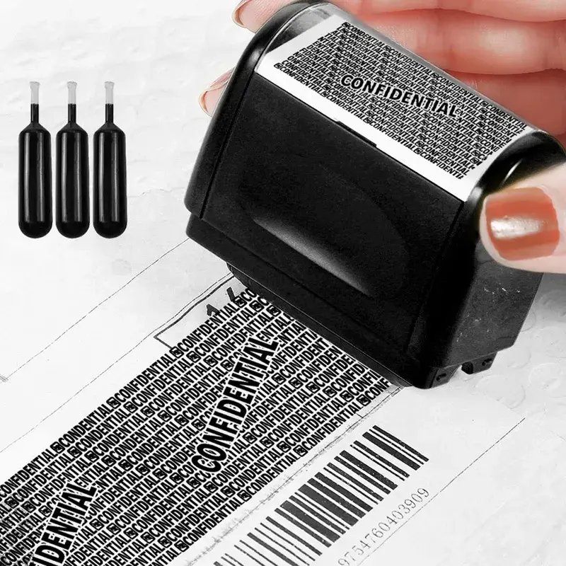 Identity Theft Protection Roller Stamp - Wide Stamping Tool for Hiding Sensitive Information, Hides Data, Includes 3 Ink Refills for ID, Account & Address Security