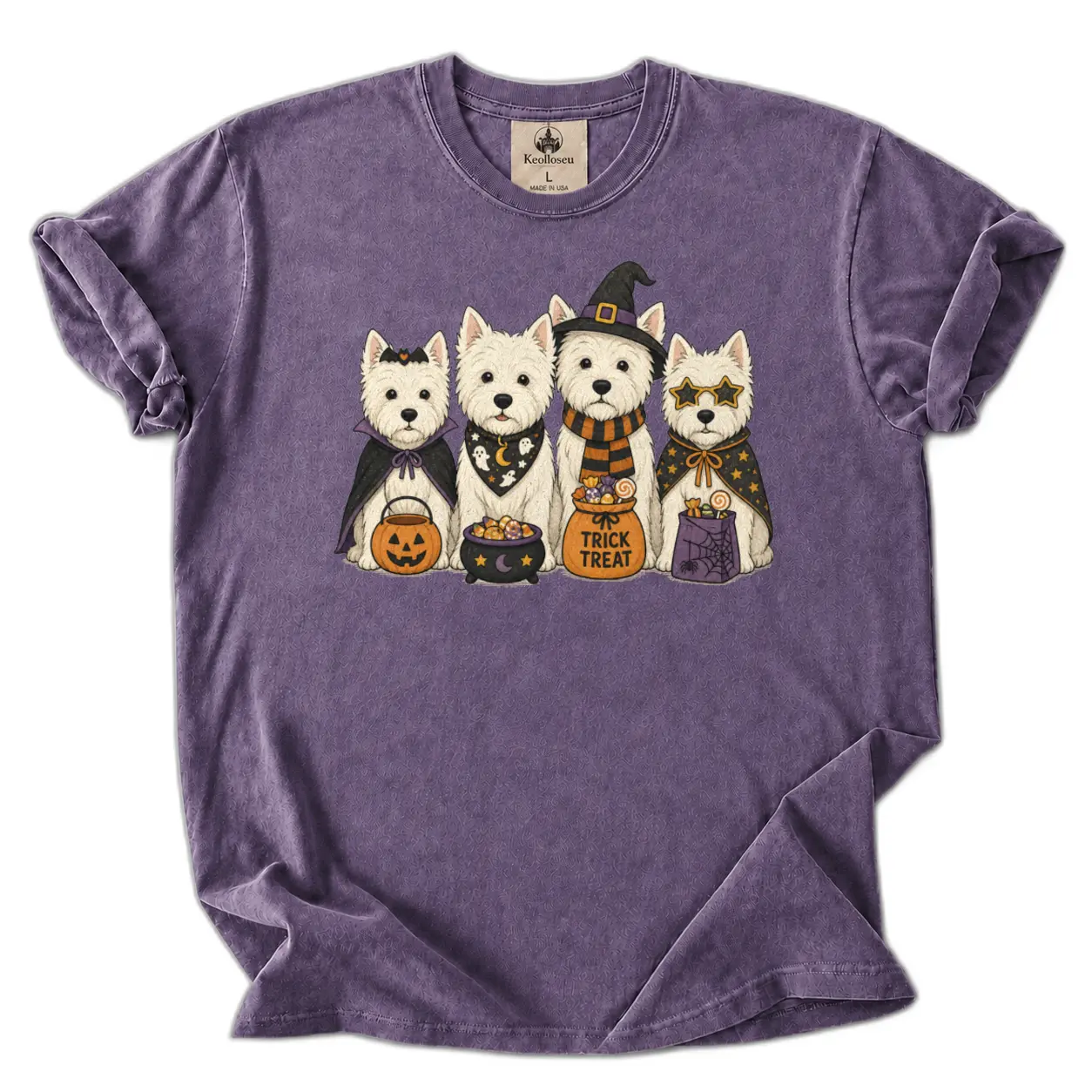 Women's Short-Sleeve Soft Casual Style Printed West Highland White Terrier Halloween T-Shirt, Comfort Colors Trick-or-Treat Fall Tee, Shortsleeve, Fit