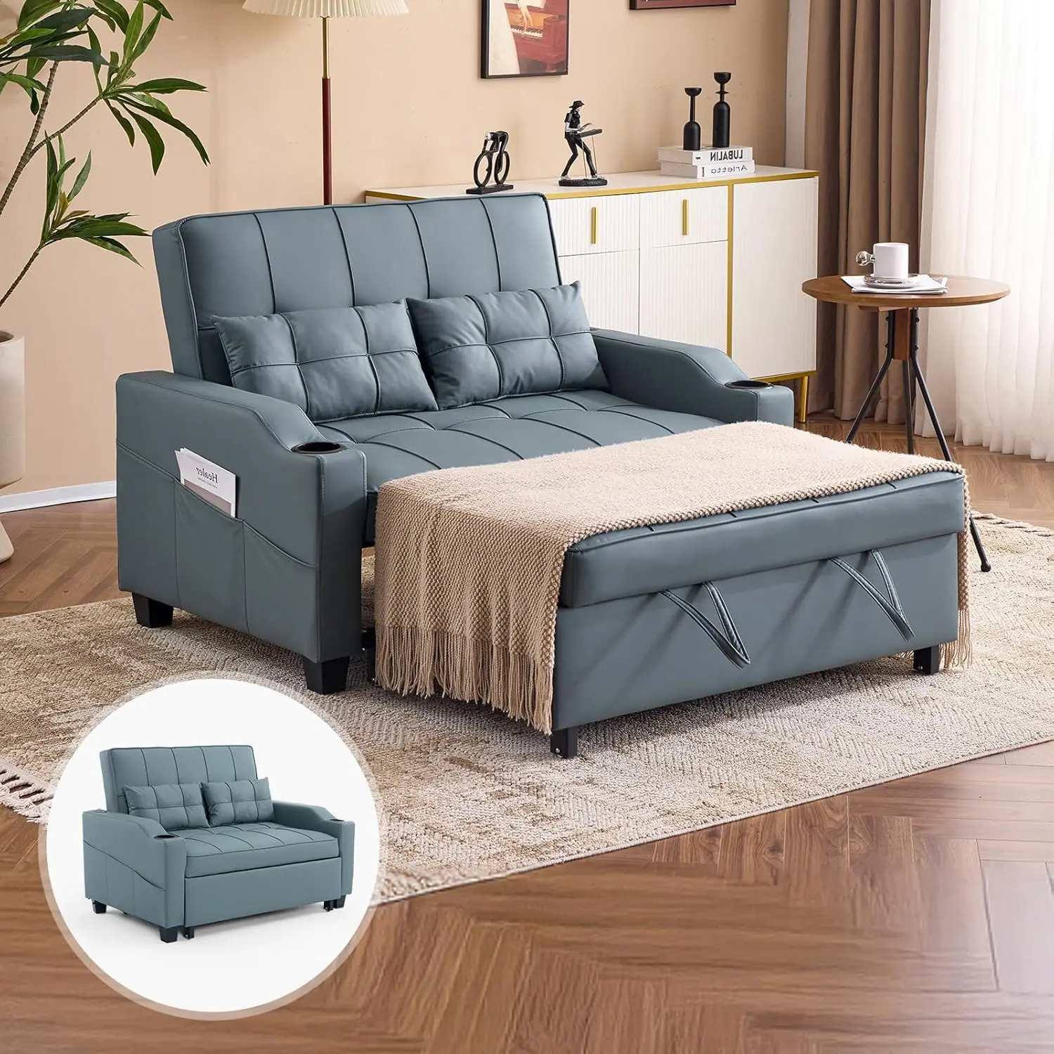 VINGLI Blue Grey Faux Leather Convertible Futon Sofa Bed Loveseat Sleeper Couch - Adjustable Bed Sofas & Couches with USB Ports, Cup Holders, Armrest for Living Room, Bedroom, & Couches Adjustable Bed Sofas