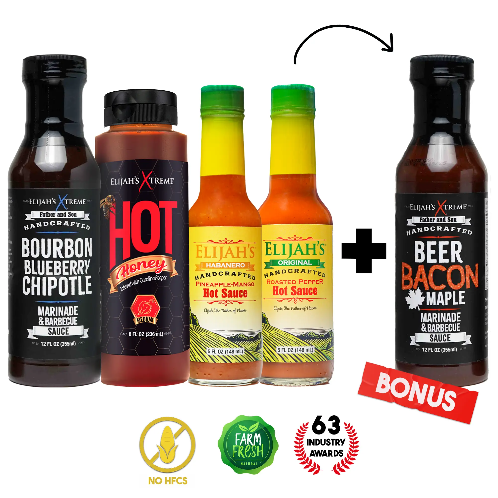 Elijah's Xtreme Handcrafted Favorites Mild Sampler Bundle includes Hot Honey, Bacon Maple BBQ Sauce, Pineapple Mango Habanero Hot Sauce, Blueberry Chi