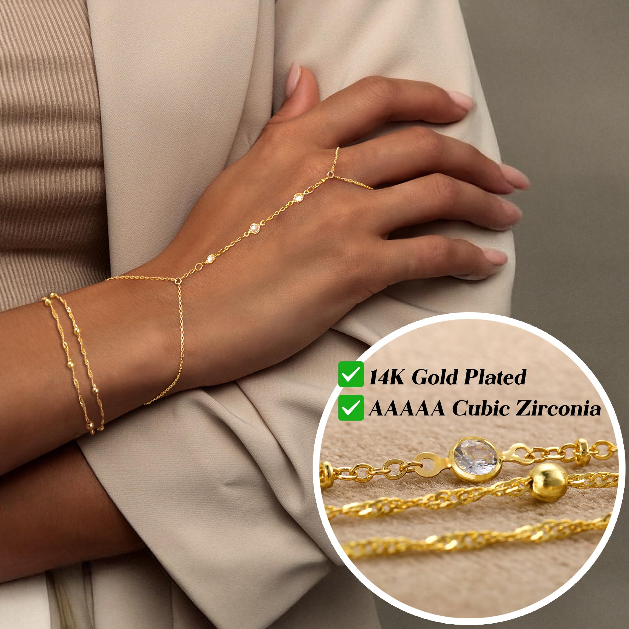 17KM 3Pcs Adjustable 14K Gold-Plated Stack Bracelets - Trendy Dainty Ring Hand Chain
