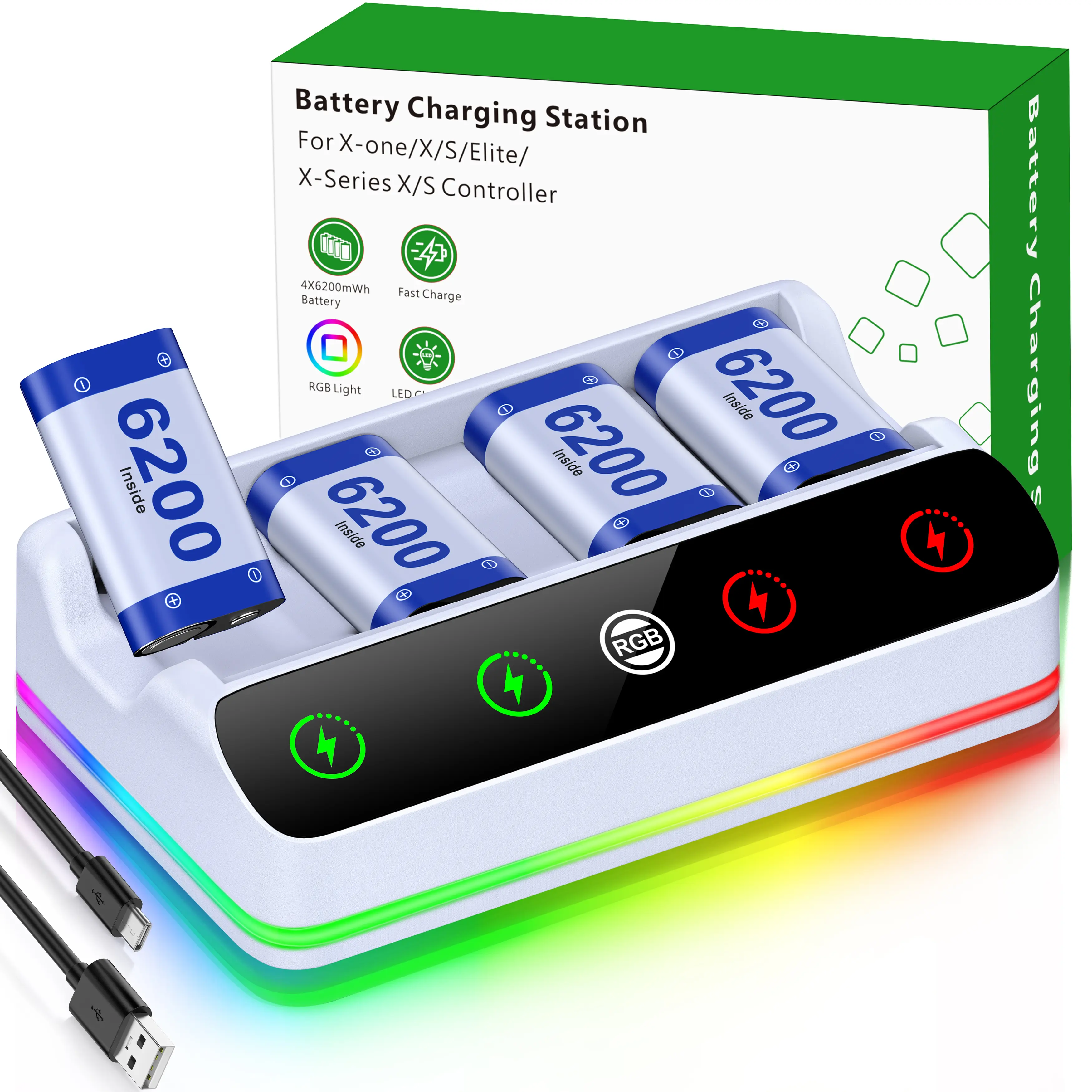 4X 6200mWh Battery Pack For Xbox One X/S&Series S/X Controller Charging Station